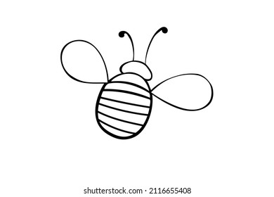 Vector black outline fat little bee in doodle style. Cute cartoon honey insect. Top view. Clipart, design element on theme of nature, spring, summer, isolated