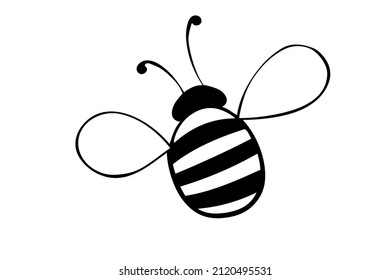 Vector black outline fat little bee in doodle style. Cute cartoon honey insect. Top view. Clipart, design element on theme of nature, spring, summer, isolated