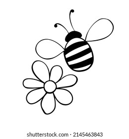 Vector black outline of fat little bee flying over flower. Simple doodles. Cute cartoon honey insect. Clipart, nature themed design element, spring, summer, isolated