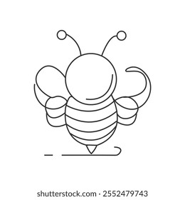 Vector black outline fat little bee in doodle style. Cute cartoon honey insect. Top view. Clipart, design element on theme of nature, spring, summer, isolated.