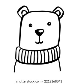 Vector black outline flat cartoon doodle bear face isolated on white background