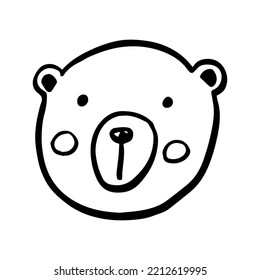 Vector black outline flat cartoon doodle bear face isolated on white background