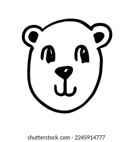 Vector black outline flat cartoon doodle bear face isolated on white background