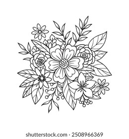 Vector black outline flowers bouquet, illustration silhouette image ,botanical lines art flower, Minimalist contour drawing of flower. line drawing of flower botany.