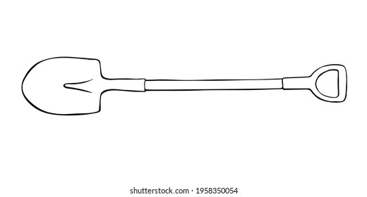 Vector black outline of garden shovel, spade, scoop. Tools for working on the farm, in the dacha, country site in the doodle style. Hand-drawn isolated illustration