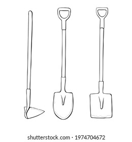 Vector black outline of garden shovel, spade, hoe. Tools for working on the farm, in the dacha, country site in the doodle style. Hand-drawn isolated illustration