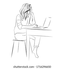 Vector black outline. Girl sitting on a chair at the computer, working at home.