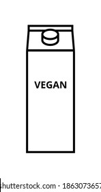 Vector black outline icon of vegan milk or vegan drink isolated on a white background. Line illustration of plant-based non-dairy alternative. Symbol of carton box with screw cap and with a vegan sign