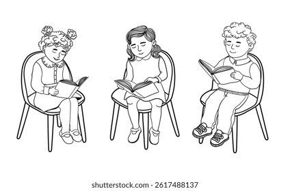 Vector Black Outline of Illustration of Cute Children Sitting in a Comfortable Chair and Reading Books Isolated on White Background