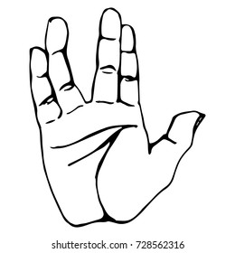 Vector black outline illustration of a human hand sign salute isolated on white background. Can be used for web poster info graphic.