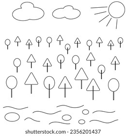 Vektorschwarze Umrissgrafik von Landschaften mit Fluss, Steinen, Sonne, Wolken, Bäumen einzeln auf weißem Hintergrund