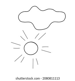 Una ilustración de contorno negro vectorial de un sol y una nube aislados en un fondo blanco