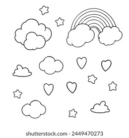 Vector black outline illustration of a set of clouds, hearts, stars, rainbow isolated on a white background for coloring book