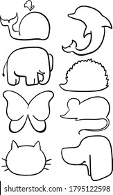 vector black outline image whale, dolphin, elephant, hedgehog, butterfly, mouse, cat, dog