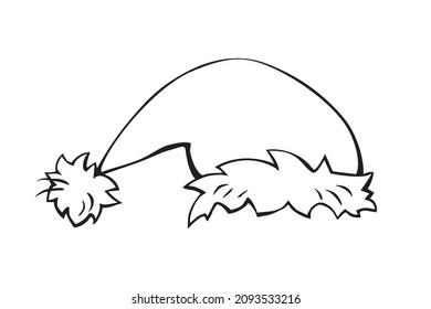 Vector black outline Santa Claus hat or sleeping cap in doodle style isolated on white background. Hand drawn Element of costume, clothes for winter, Christmas and New Year design