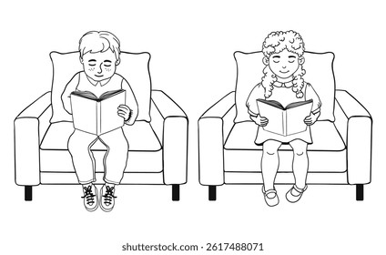 Vector Black Outline Set of Illustration of Cute Children Sitting in Armchairs Isolated on White Background