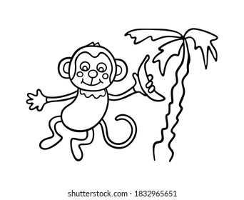 Vector black outline silhouette cartoon drawing illustration of funny jumping monkey with banana and palm tree isolated on white background.Coloring book for kids.