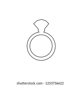 Vector black outline silhouette of engagement ring with diamond isolated on white background. Wedding or marriage present icon, sign, symbol, clip art flat web mobile button, element for design.