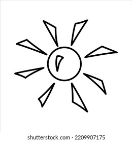 Vector black outline sun with the sun with angular rays. Summer, vacation theme.