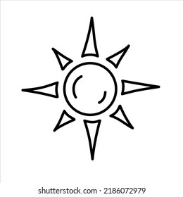 Vector black outline sun with sharp triangular beams. Summer, vacation theme.
