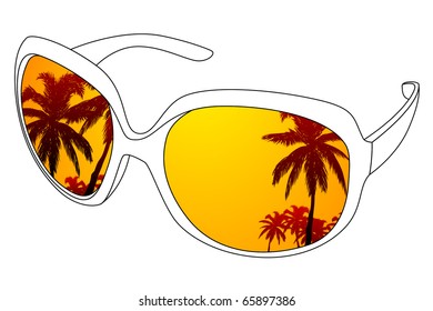 Vector black outline sunglasses and tropic reflection