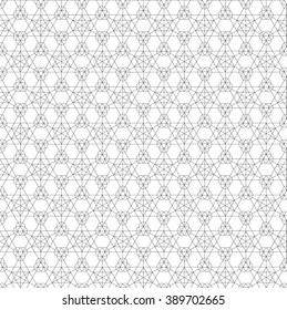 Vector black outline triangle hexagon circle sacral geometry abstract seamless pattern isolated white background