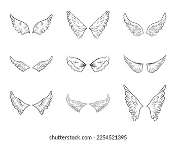 Vector Black Outline Wing Icon Set Isolated on White Background. Linear Vintage Wings, Icons, Design Template, Clipart Collection. Cupid, Bird Wings. Vector illustration