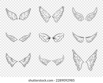 Vector Black Outline Wing Icon Set Isolated. Linear Vintage Wings, Icons, Design Template, Clipart Collection. Cupid, Bird Wings. Vector illustration