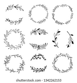 Vector black outline wreaths. Hand drawn wreaths and leaves compositions. Nature elements and botanical decorations