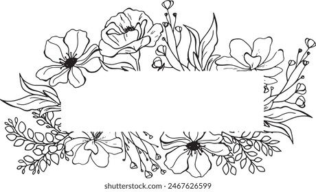 Vector black outlines, floral framing, sketch horizontal frame with flowers and leaves. Template space for text. Greeting cards, invitation, gender party, baby shower, birthday, event, holiday.