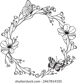 Vector black outlines, meadow floral wreath, sketch. Template space for text. Greeting cards, invitation, gender party, baby shower, birthday, event, holiday, wedding card, printable.