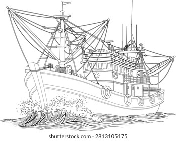 Vector black outlines Thai fishing boat