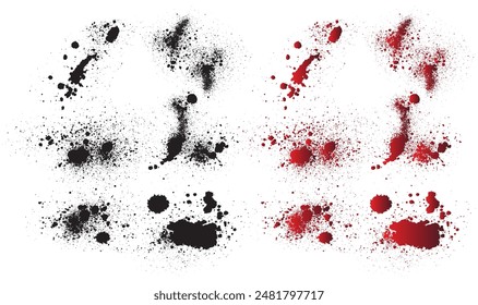 Juego de diseño de salpicaduras de sangre de pintura negra de Vector. Conjunto de ilustración de sangre de crimen rojo realista. pincelada roja y negra