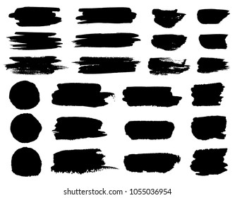 Vector black paint brush spots, highlighter lines or felt-tip pen marker horizontal blobs. Marker pen or brushstrokes and dashes. Ink smudge abstract shape stains and smear set with texture