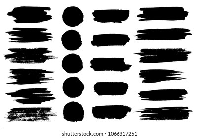 Vector black paint brush spots, highlighter lines or felt-tip pen marker horizontal blobs. Marker pen or brushstrokes and dashes. Ink smudge abstract shape stains and smear set with texture