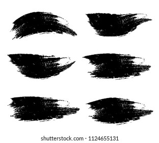 Vector black paint brush spots, highlighter lines or felt-tip pen marker horizontal blobs. Marker pen or brushstrokes and dashes. Ink smudge abstract shape stains and smear set with texture