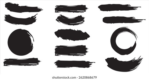 Vector black paint brush spots, highlighter lines or felt tip pen marker horizontal blobs. Marker pen or brushstrokes and dashes. Ink smudge abstract shape stains and smear set with texture.