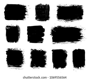 Vector black paint brush stroke, dry grunge brush smear, line or texture. Dirty artistic design splash element, box, frame or background for text.