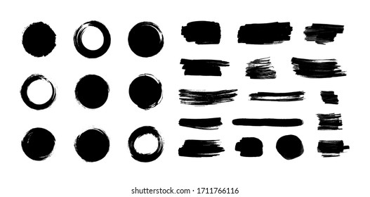 Vector black paint brush strokes set isolated on white background, japanese enso circles, different ink blots, dry painting elements collection.