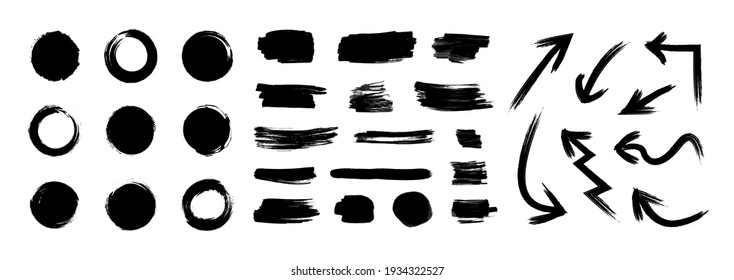 Vector black paint brush strokes set isolated on white background, japanese enso circles, different ink blots and arrows, dry painting elements collection.