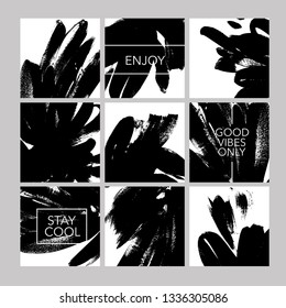 Vector black paint brushstrokes hand drawn illustrations set. Collection of social posts. Grunge ink brush abstract textures. Greeting card design elements. Social media posts template.