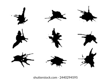 Vector black paint, ink blot, brush, grange texture. Dirty artistic design element for registration of blots and art works. Vector hand drawn paint splashes.