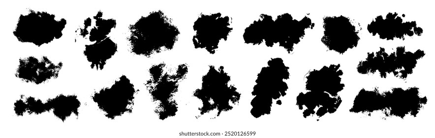 Vector black paint, ink blots, drops,splatters. Grunge  textures. Rough silhouettes. Dirty overlays.