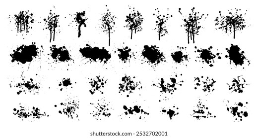 Tinta preta vetorial, borrões de tinta, gotas, manchas. Texturas grunge. Silhuetas ásperas. Sobreposições sujas.