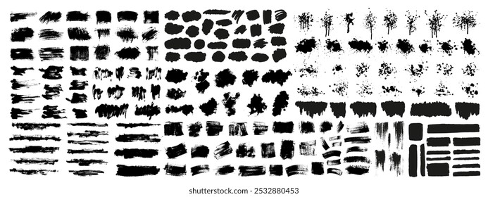 Vector black paint, ink blots, drops,splatters. Grunge  textures. Rough silhouettes. Brush strokes, lines. Dirty overlays. Distressed backgrounds.