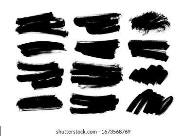 Vector black paint, ink brush strokes and shapes. Dirty grunge design element, box or background for text. Grungy black smears and rough stains. Hand drawn ink illustration isolated on white