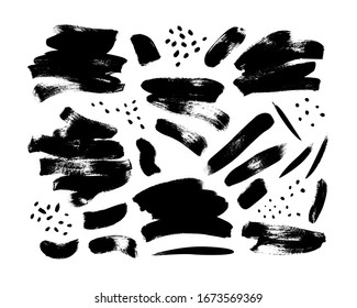 Vector black paint, ink brush strokes and shapes. Dirty grunge design element, box or background for text. Grungy black smears and rough stains. Hand drawn ink illustration isolated on white