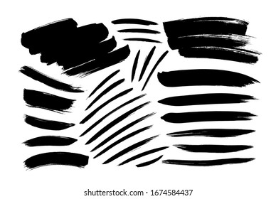 Schwarze Vektorillustration, Pinselstriche und Linien. Dirty Grunge Design Element, Box oder Hintergrund für Text. Graue schwarze Schmutzspritzen und raue Flecken, Linien. handgezeichnete farbige Illustration einzeln auf Weiß