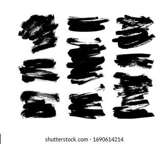 Schwarze Vektorillustration, Pinselstriche und -formen. Dirty Grunge Design Element, Box oder Hintergrund für Text. Graue schwarze Schmutzspritzer und raue Flecken. Handgezeichnete Tintengrafik einzeln auf Weiß.