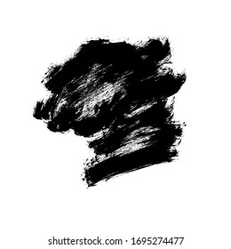 Vector black paint, ink brush stroke or shape. Dirty grunge design element, box or background for text. Grungy black smear and rough stains. Hand drawn ink illustration isolated on white.